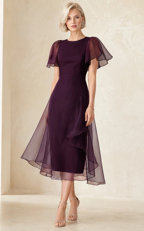 Pflaumenfarbenes Midikleid mit Organza-Überzug und Schmuckkragen