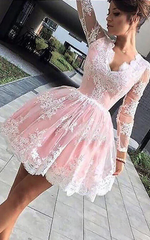 Vestido de gala de corte A, manga larga, encaje, escote en V festoneado, cremallera, minivestido corto para fiesta de bienvenida.