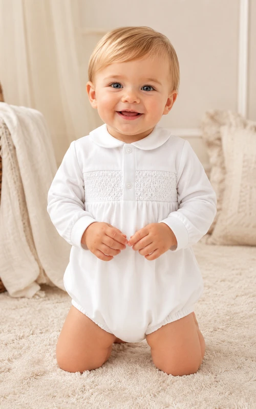 White Smocked Front Long Sleeve Peter Collar Blessing Romper for Baby Boy