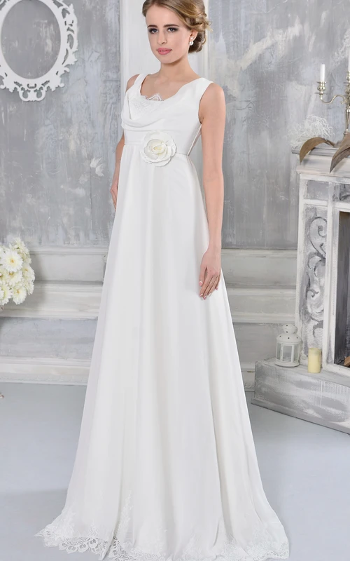 Robe de mariée en mousseline de soie, longue jusqu'au sol, sans manches, col bénitier, style empire, en dentelle et à manches longues.