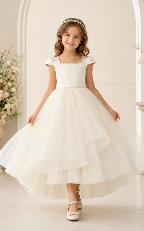 Flower Girl Dress Ivory Tulle A-Line Short Sleeve Jewel Neck Tea Length Ruffle Detail