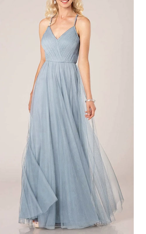 Vestido de dama de honor largo hasta el suelo, sin mangas, con escote en V estilo imperio, tirantes cruzados y cuello halter.