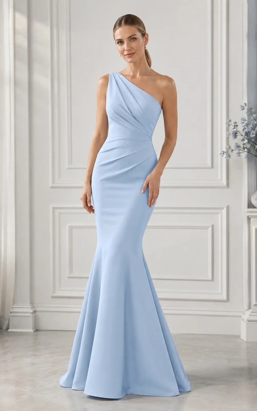 Vestido de noche largo hasta el suelo, de satén azul, sin mangas y con un solo hombro, estilo sirena.