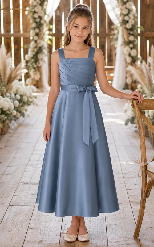 Stahlblaues Brautjungfernkleid für junge Mädchen, A-Linie, ärmellos, mit Falten, romantisch