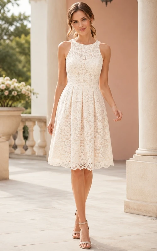 Robe en dentelle ivoire simple à col montant et dos nu, longueur genou, coupe trapèze, style A