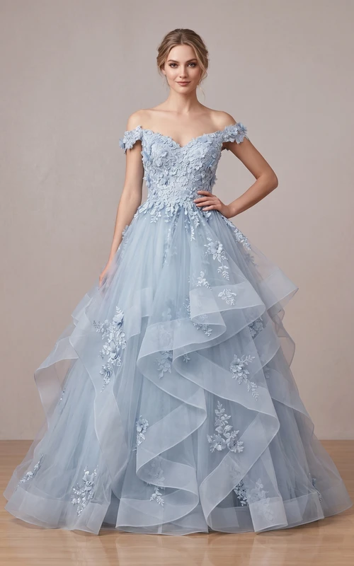 Hellblaues schulterfreies, besticktes Ballkleid