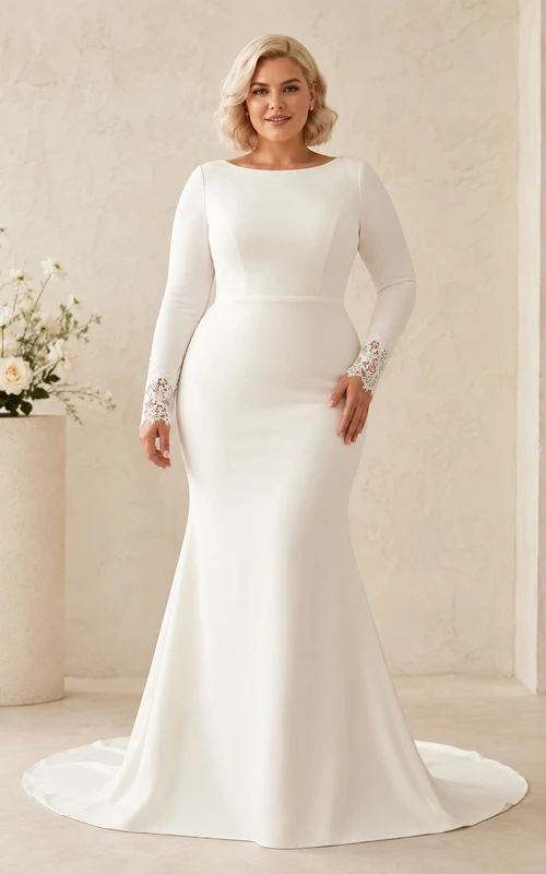 Modest Curvy Satin Wedding Sheath Bateau Long Sleeves Lace Cuffs Train