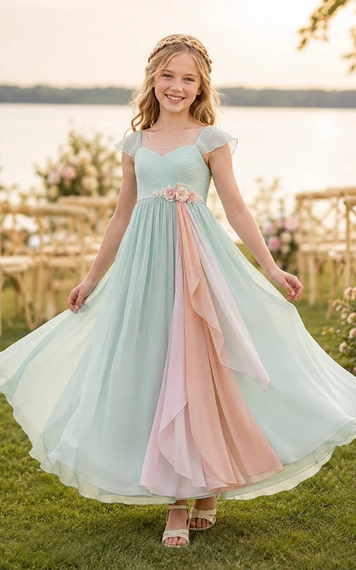 Mintgrünes Brautjungfernkleid für junge Damen, A-Linie, V-Ausschnitt, kurze Blütenblattärmel, Tüllblumen-Stufen