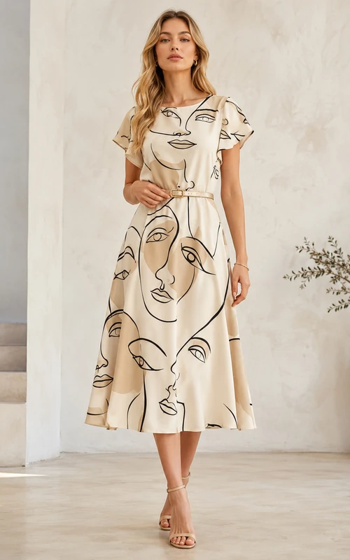 Vestido midi de corte A con mangas cortas y estampado abstracto de rostro