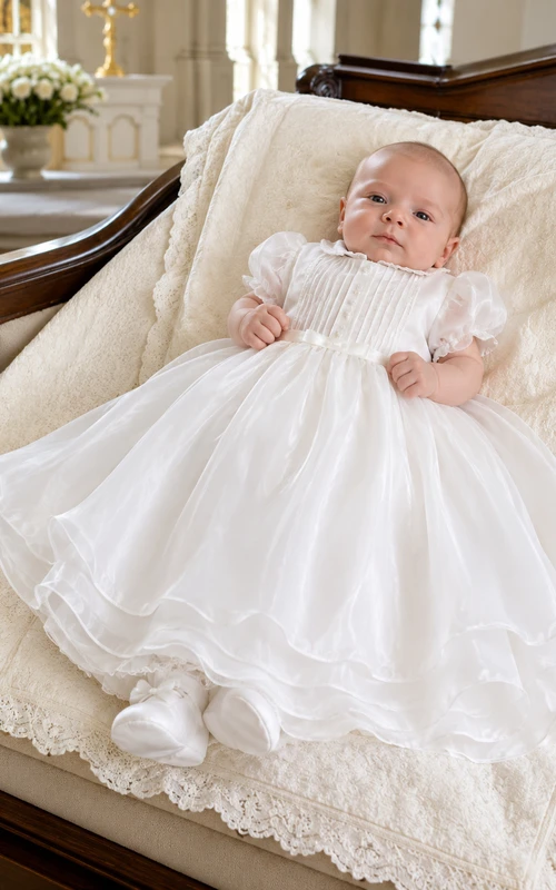 Baptism Dress A-Line Organza Tulle Jewel Neck Short Sleeve Tea-Length