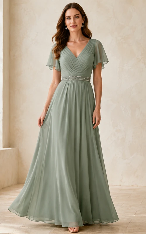 Vestido de dama de honor romántico de gasa color celadón con escote en V, mangas con volantes y bordados, corte en A y largo hasta el suelo.