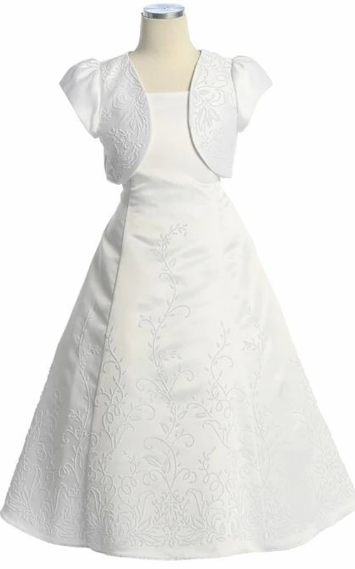 Knöchellanges Spaghetti-besetztes Satin-Blumenmädchenkleid mit Perlen
