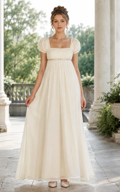 Cream Regency Square Neck Puff Sleeve Chiffon Empire Floor-length Formal Dress