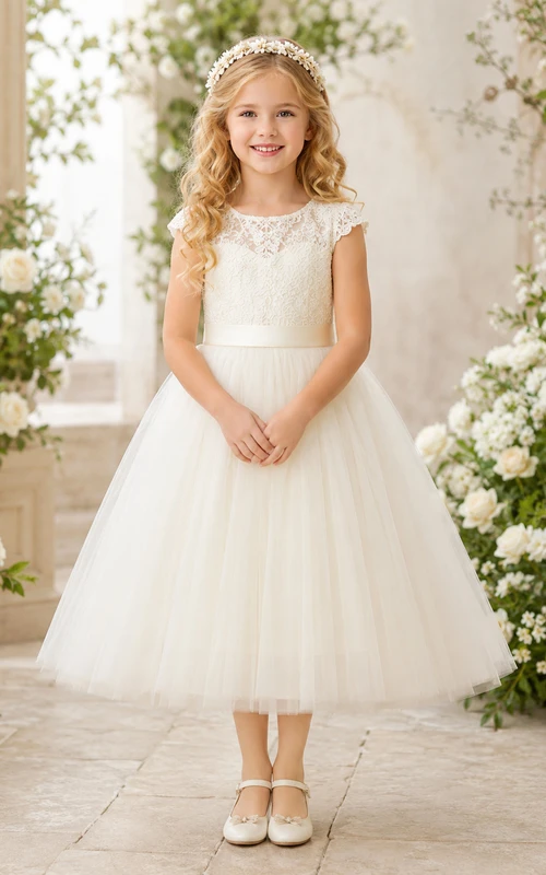 Robe romantique mi-longue trapèze en dentelle et tulle, manches courtes et col rond, style demoiselle d'honneur
