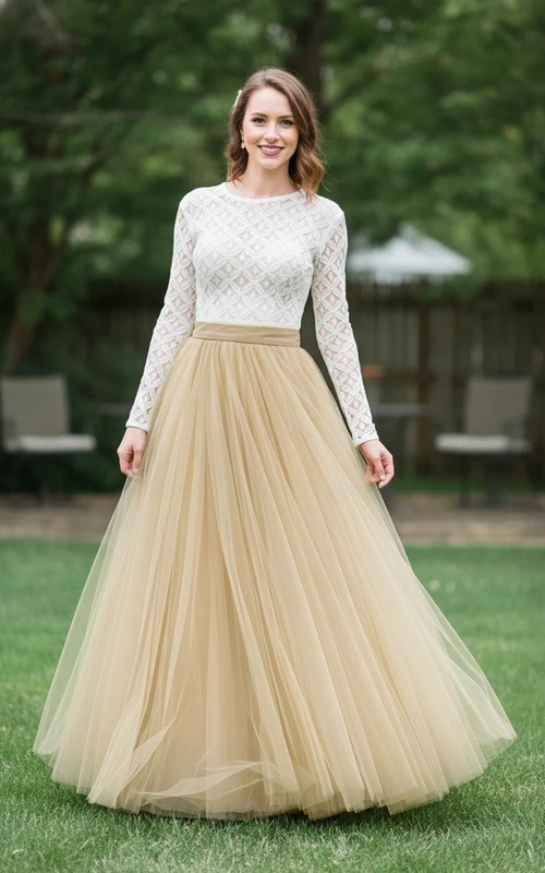 Elegante vestido de tul de manga larga con escote en forma de ojo de cerradura