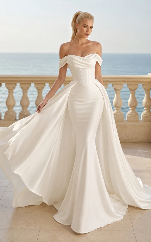 Robe de mariée trapèze en satin drapé à épaules dénudées et manches courtes, coupe chapelle, en satin drapé.