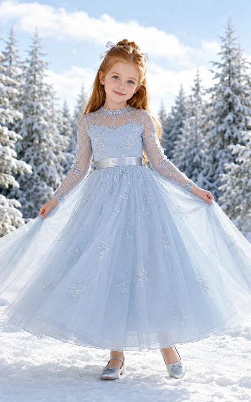 Elegant A-Line Flower Girl Dress with Square Neck Illusion Long Sleeves Sky Blue Tulle Court Ceremony