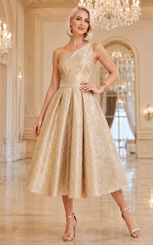 Vestido formal elegante de lujo, de corte A, de satén jacquard, largo hasta la rodilla y un solo hombro, color dorado.