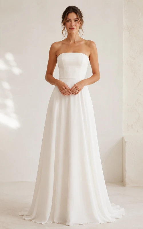 Vestido de novia palabra de honor de gasa corte A con corpiño sencillo y cola suave