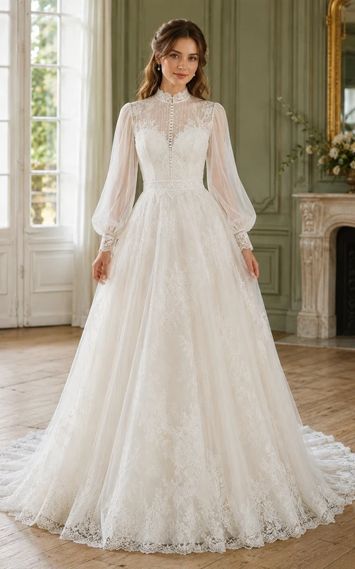 Vestido de novia clásico de encaje con mangas largas, cuello alto, corte en A y cola larga.