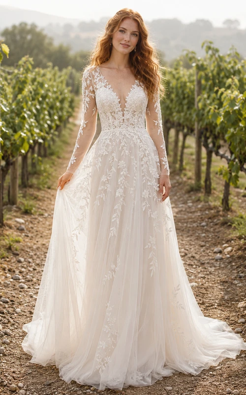 Robe de mariée en dentelle et tulle, coupe trapèze, col en V, manches longues et traîne.