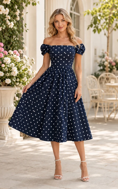 Vestido de invitada de boda azul marino oscuro, gasa, corte en A, hombros descubiertos, manga corta, largo midi.