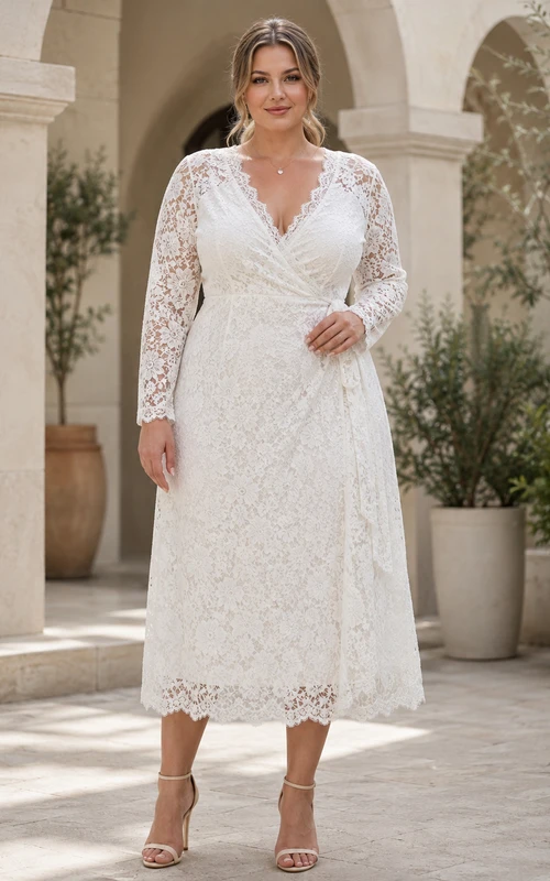 Robe de mariée romantique grande taille, col en V, dentelle illusion, manches longues, longueur cheville, style romantique