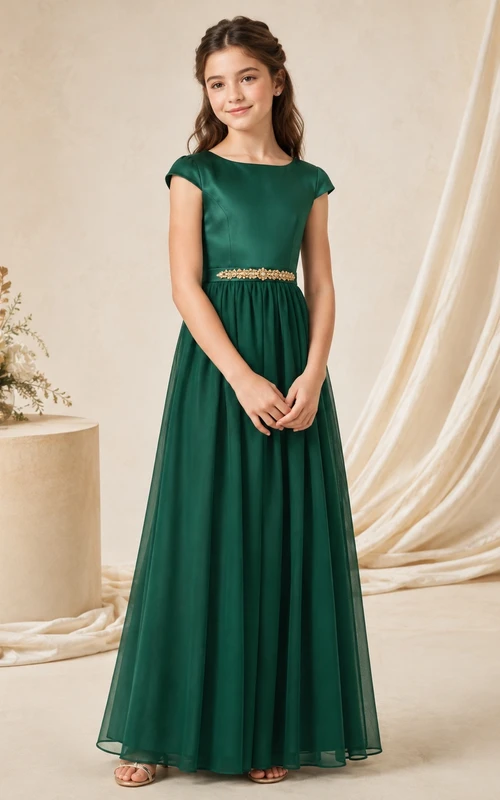 Dunkelgrünes Brautjungfernkleid für junge Damen, A-Linie, Rundhalsausschnitt, kurze Flügelärmel, Satinschärpe/Band, elegant