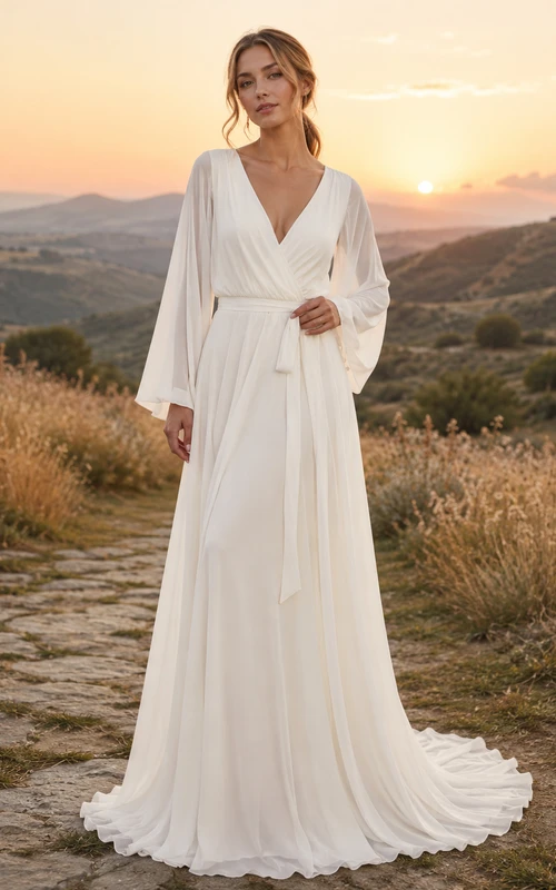 Robe de mariée en mousseline à manches longues cloche et portefeuille pour une escapade romantique à la campagne