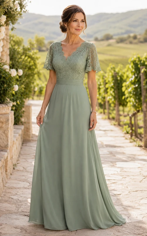 Sage Lace Cap Sleeve A-Line Mother Dress with Keyhole Back