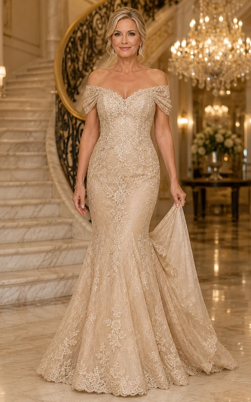 Champagnerfarbenes schulterfreies Pailletten-Spitzen-Meerjungfrauenkleid für Mütter