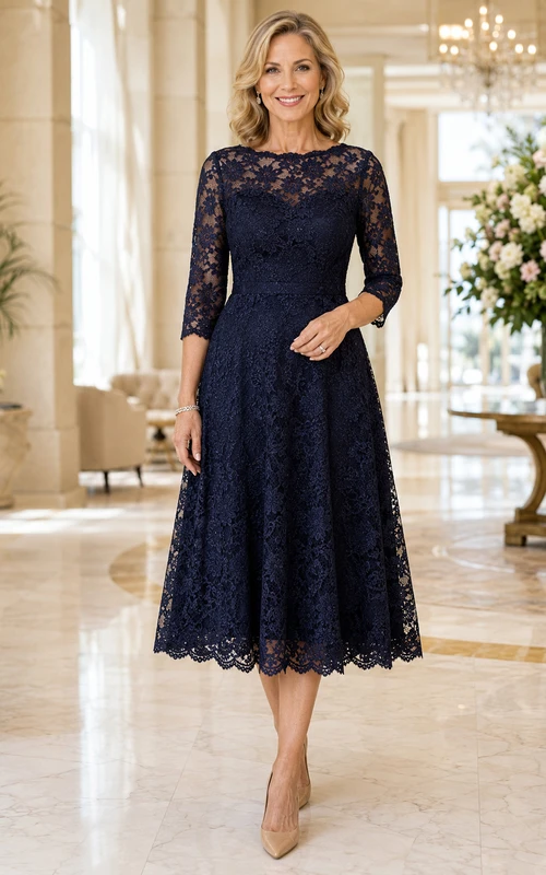 Robe de mère en dentelle bleu marine foncé, longueur thé, manches longues