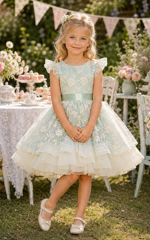 Mint Flower Girl Dress Vintage Knee-Length Ball Gown Floral Lace Tiered Organza Bow