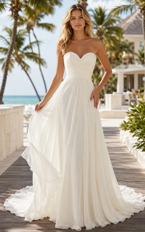 Strapless Sweetheart Flowing Resort Destination A-Line Bridal Gown