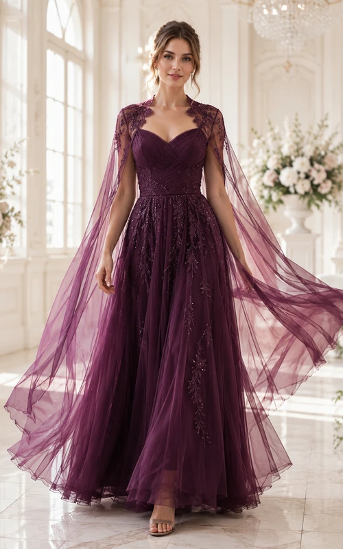 Plum Sweetheart High Neck Long Cape Lace Tulle Ball Gown Guest Dress