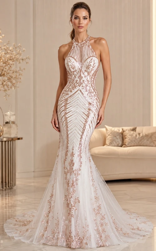 Brautkleid im Meerjungfrauen-/Trompetenstil mit Pailletten in Roségold, ärmellos, Neckholder, bodenlang, mit Schleppe, modernes Design