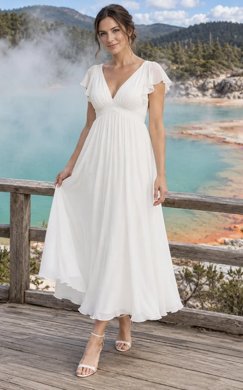 Schlichtes, teelanges A-Linien-Brautkleid mit V-Ausschnitt, flatternden Ärmeln