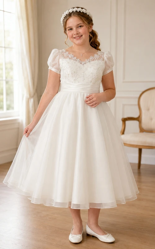 Robe de communion en satin longueur thé à manches bouffantes effet cœur et manches bouffantes.