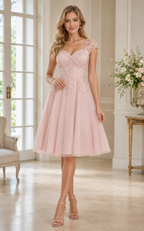 Robe de cocktail trapèze en tulle rose poudré, longueur genou, avec manches illusion en dentelle