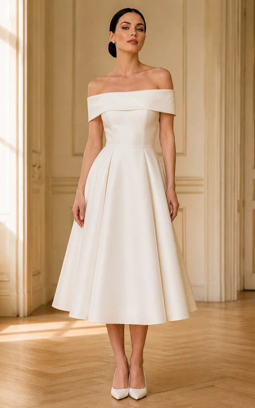 Robe de mariée civile vintage en satin, coupe trapèze, manches courtes, épaules dénudées, longueur thé, idéale pour une cérémonie civile à la mairie.