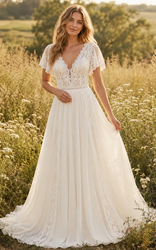 Robe de mariée bohème longue jusqu'au sol, col en V, manches papillon, en dentelle, style champêtre