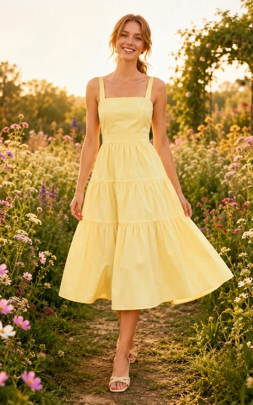 Vestido de invitada de boda color narciso, gasa, corte en A, escote cuadrado, sin mangas, largo midi.