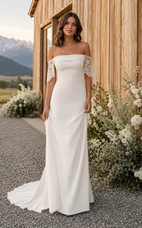 Off Shoulder Minimalist Sheath Crepe Mountain Barn Wedding Dress