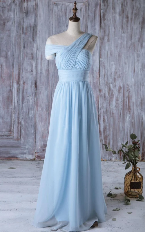 Langes Chiffonkleid mit One-Shoulder-Ausschnitt, Empire-Stil und A-Linie, schulterfrei