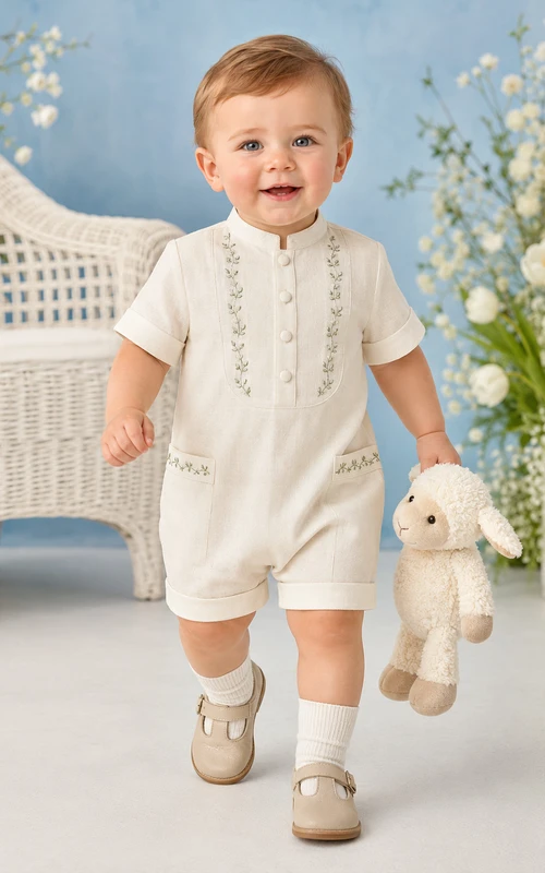 Bezaubernder elfenbeinfarbener Kurzarm-Baby-Tauf-Strampler mit Blumenstickerei