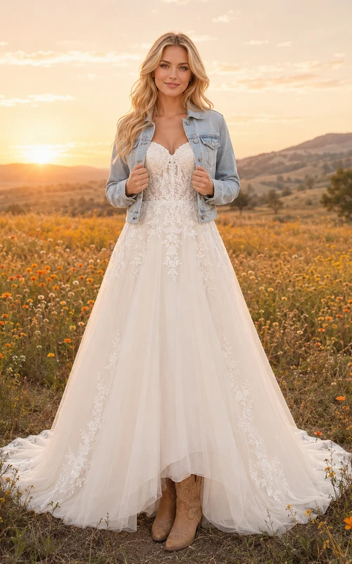 Western Rustic Denim Jacket Lace A-Line Wedding Dress