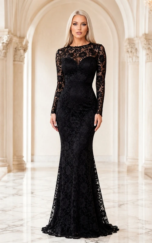 Schwarzes, hochgeschlossenes Meerjungfrauen-Abendkleid aus Spitze mit langen Ärmeln
