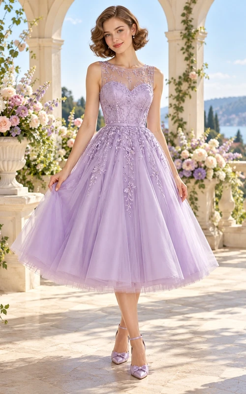 Robe de bal mi-longue en tulle et dentelle illusion lavande des années 1960