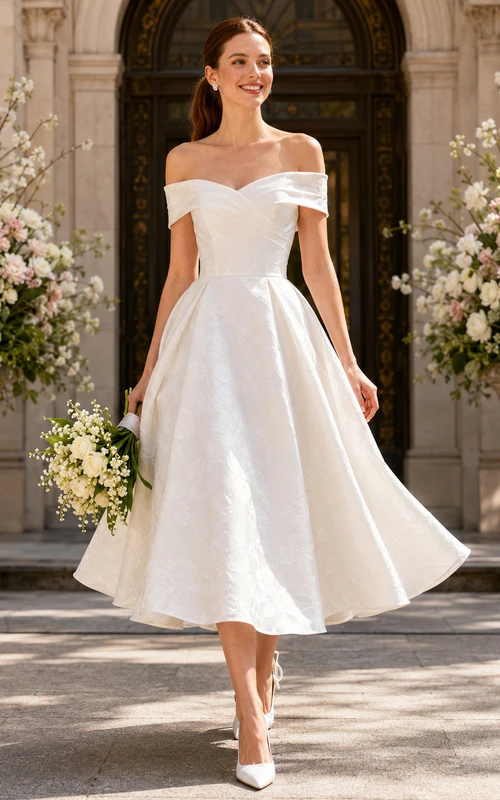 Schulterfreies, modernes Brautkleid aus Satin in Teelänge, passend für den Standesamt