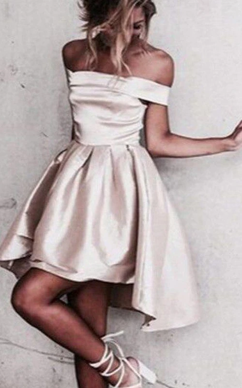 Ärmelloses, kurzes Mini-Abendkleid aus Satin in A-Linie mit Carmen-Ausschnitt, Reißverschluss und asymmetrischem Saum